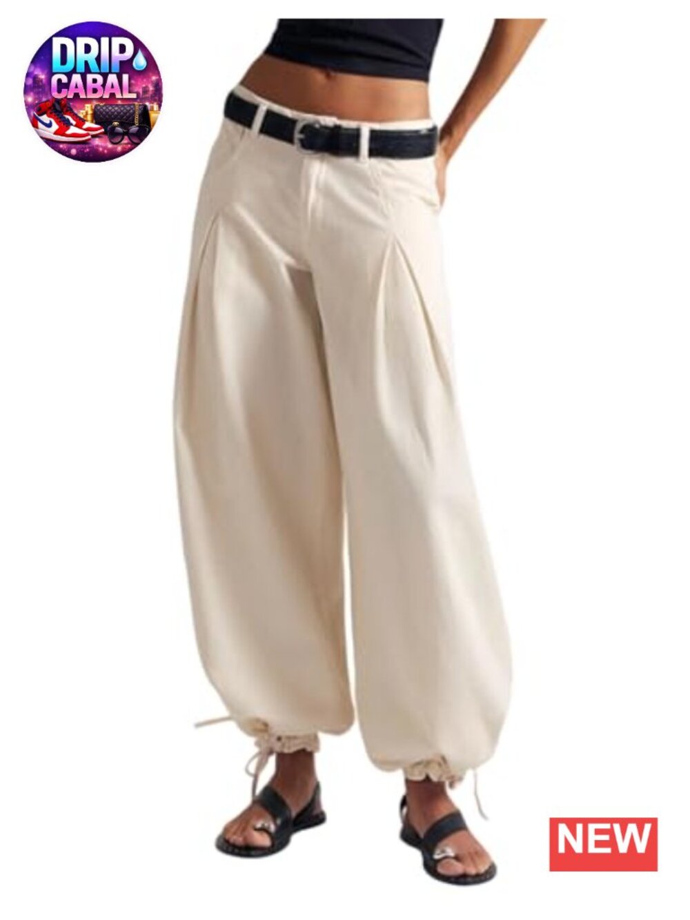 Women Mid Rise Barrel Leg Wide Jeans Drawstring Hem Baggy Denim